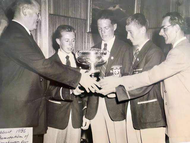 1956 Presentation Stonehaven Cup. L to R Comm RTYC Leo Dunstall, Fred Neill and Doug Giles