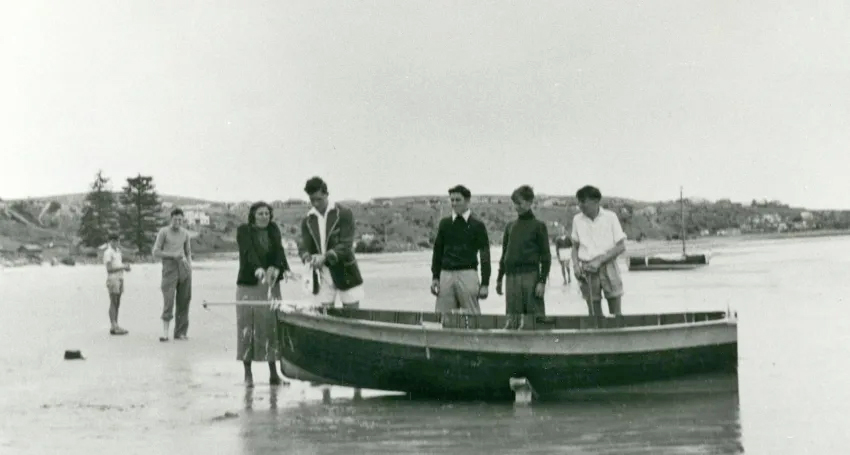 Naming ceremony at BSYC of Noc-too Sir James built for Fred Neill c1953. L to R Florence (Flossy) Neill, Jim Hardy, John Neill, Rob Walker & Fred Neill. South Australian Maritime Museum Photographic Collection